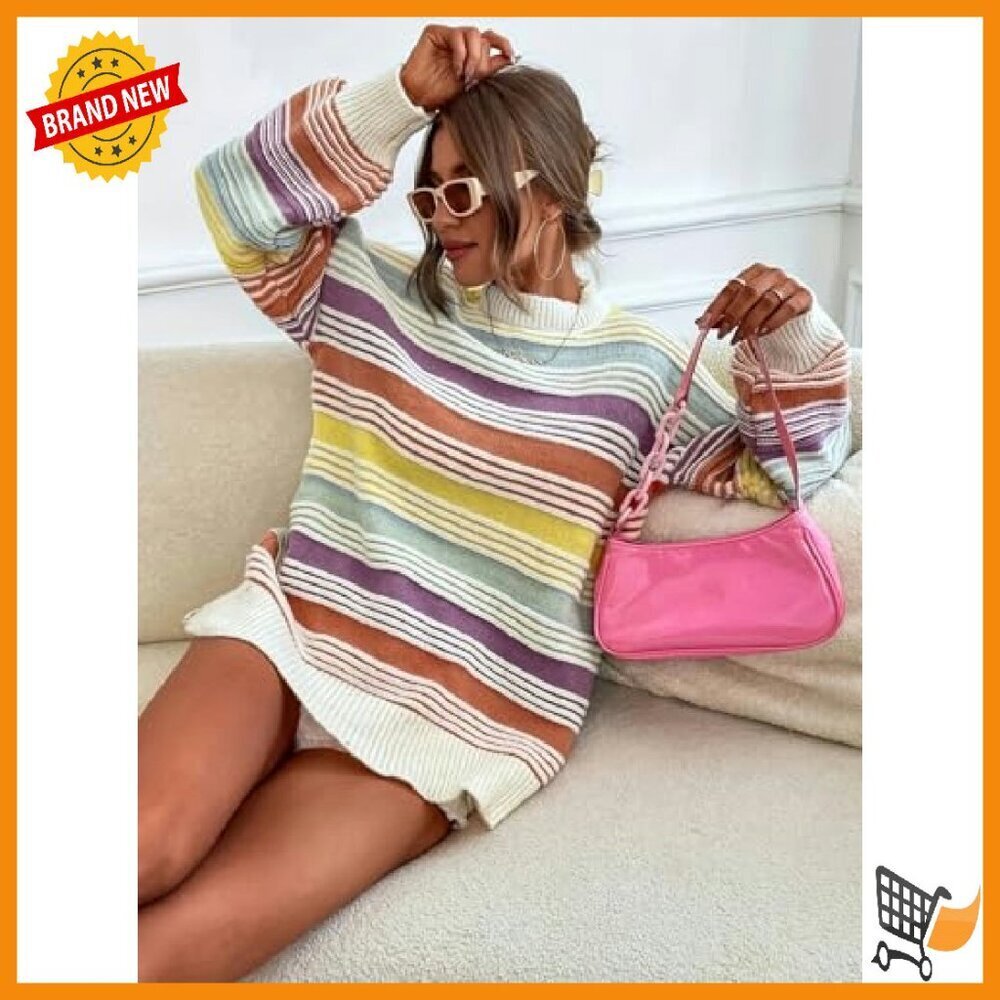 Oversized Striped Pullover Sweater Women's Knit Jumper Fall Winter - Picture 5 of 8
